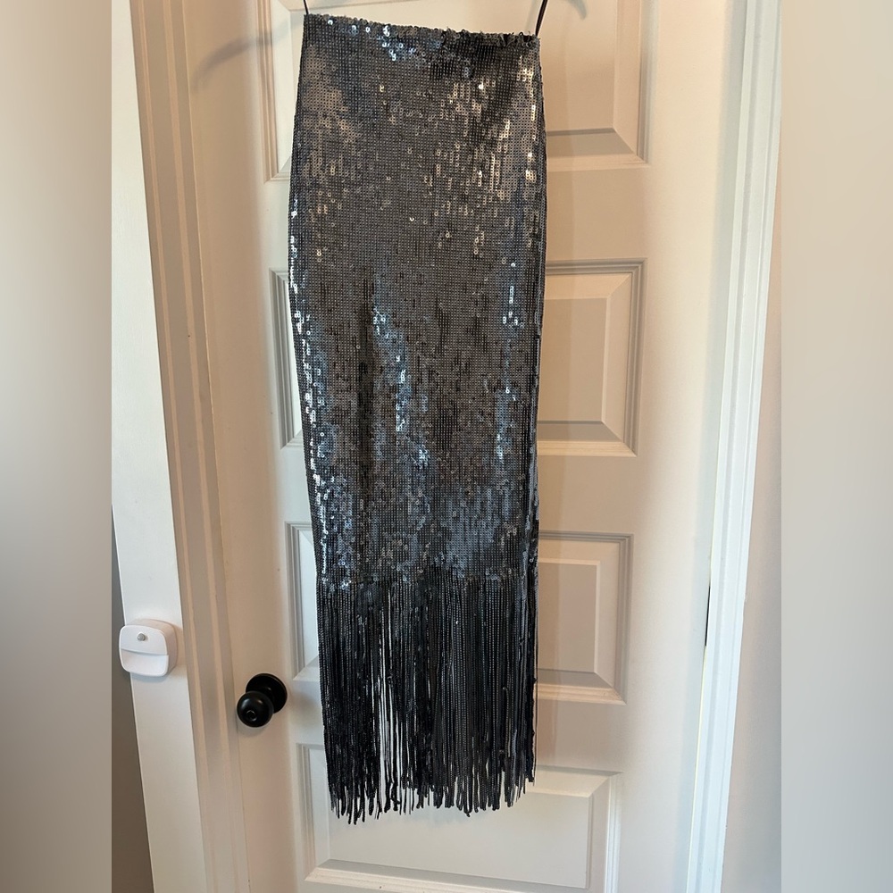 Rebecca Vallance Matisse Sequin Fringe Midi Silver Sz 0 NWOT